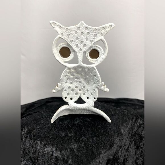 Retro 60s 70s Metal White Owl Earring Jewelry Holder Brown Moon Glow Lucite Eyes - Picture 3 of 7